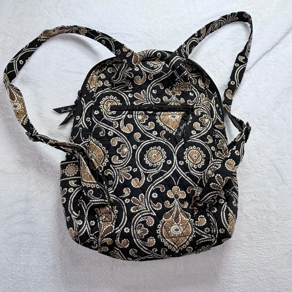 Vera Bradley Cafe Latte Backpack Black Brown Mandala Quilted Small Travel Bag